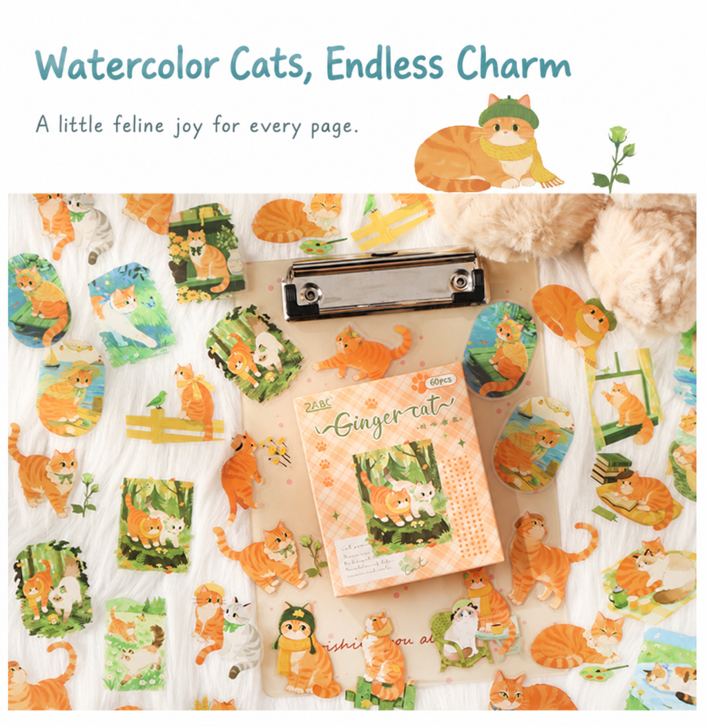 Ginger Cat watercolor stickers with orange cats and an orange plaid storage box.
