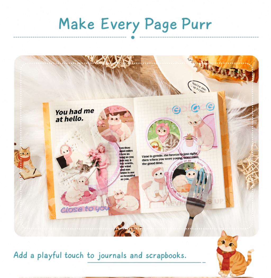 Journal decorated with Warm Cat watercolor stickers in a pink theme.