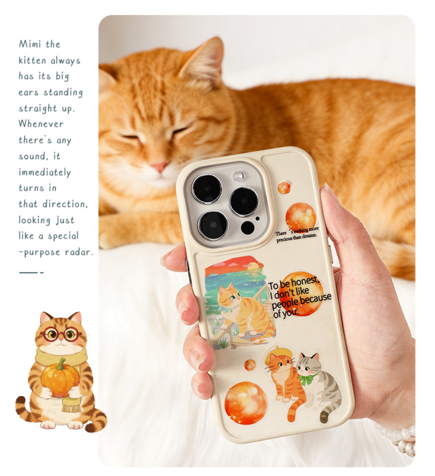 Phone case decorated with watercolor cat stickers beside a resting orange cat.