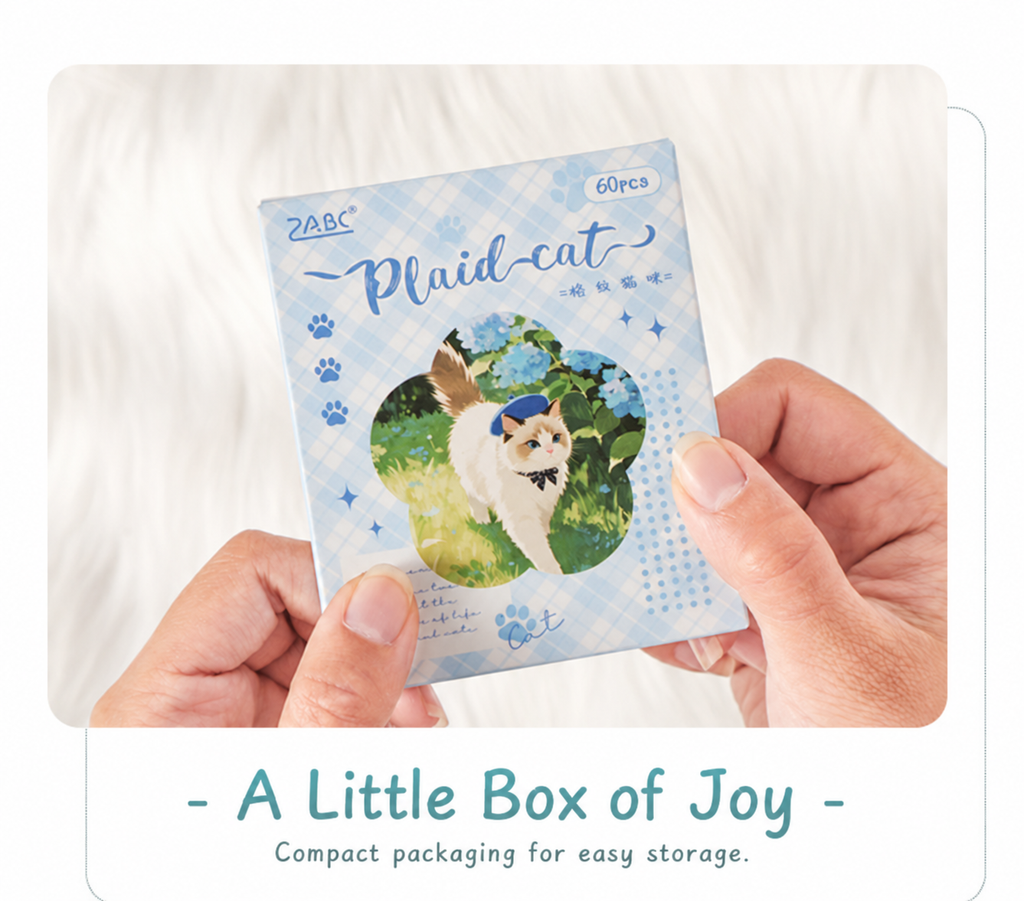 Plaid Cat watercolor sticker box in blue plaid packaging, held in two hands.