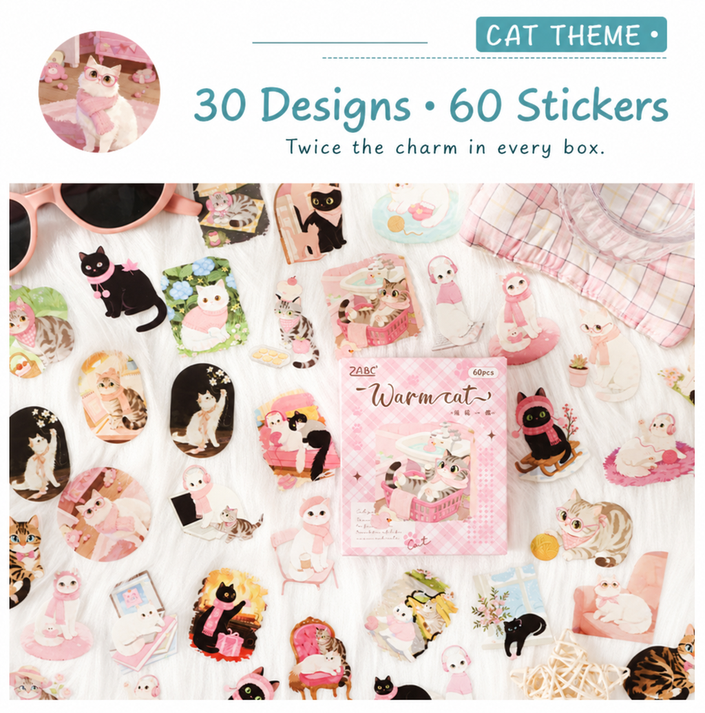 Warm Cat watercolor sticker collection with cozy cats and a pink plaid box, 30 designs and 60 stickers.