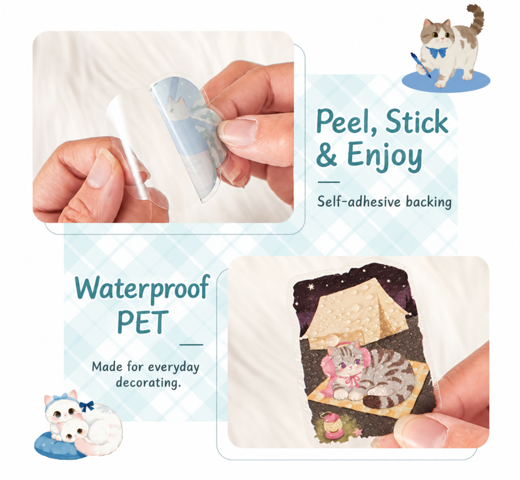 Self-adhesive waterproof PET cat stickers showing peel-and-stick backing and water droplets.