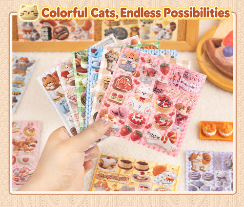 Colorful cat and dessert sticker sheets with a printed knit-effect design from Meow Knit Story.
