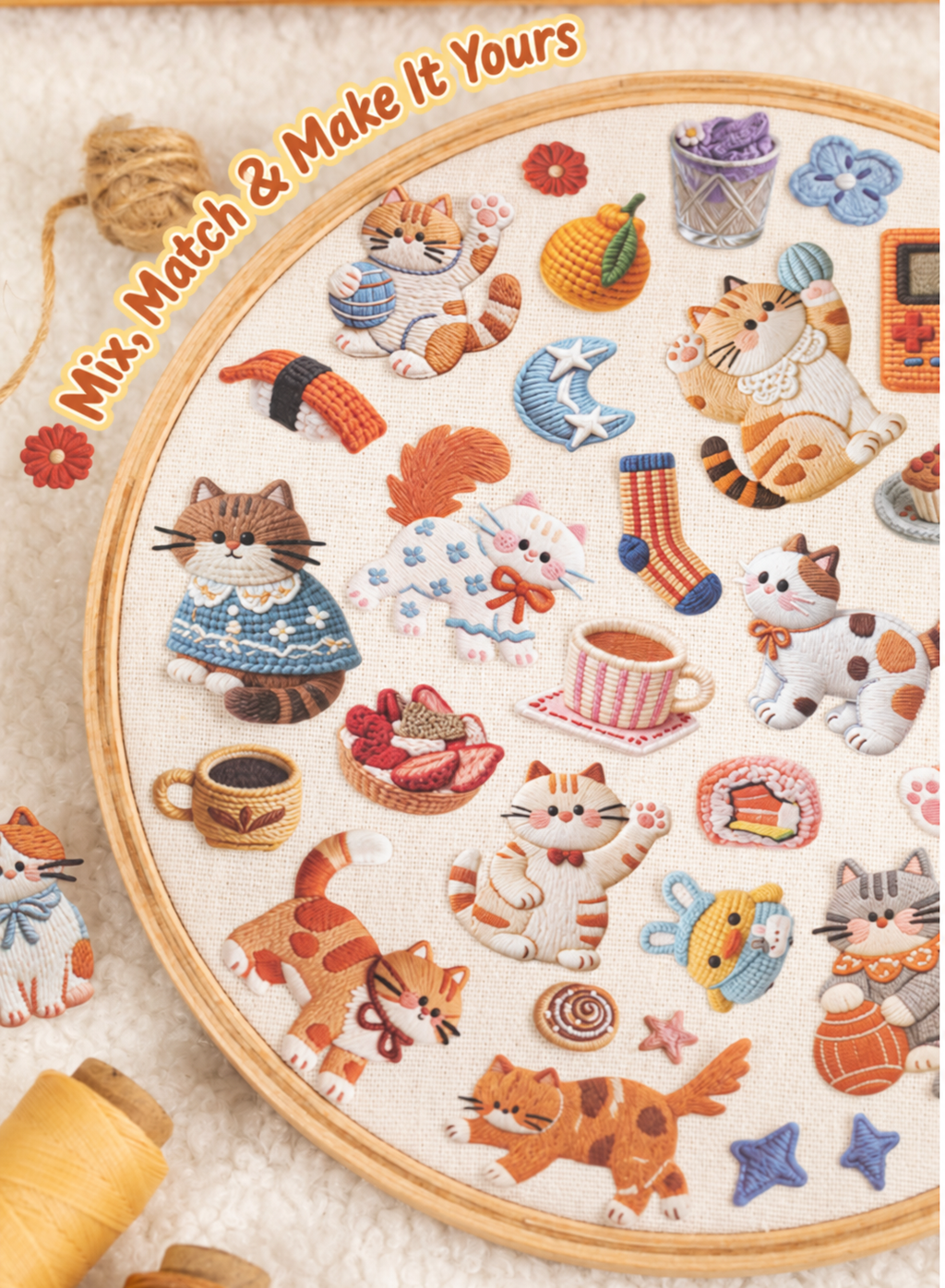 Mix-and-match cat, dessert and everyday motifs with printed embroidery-style details.