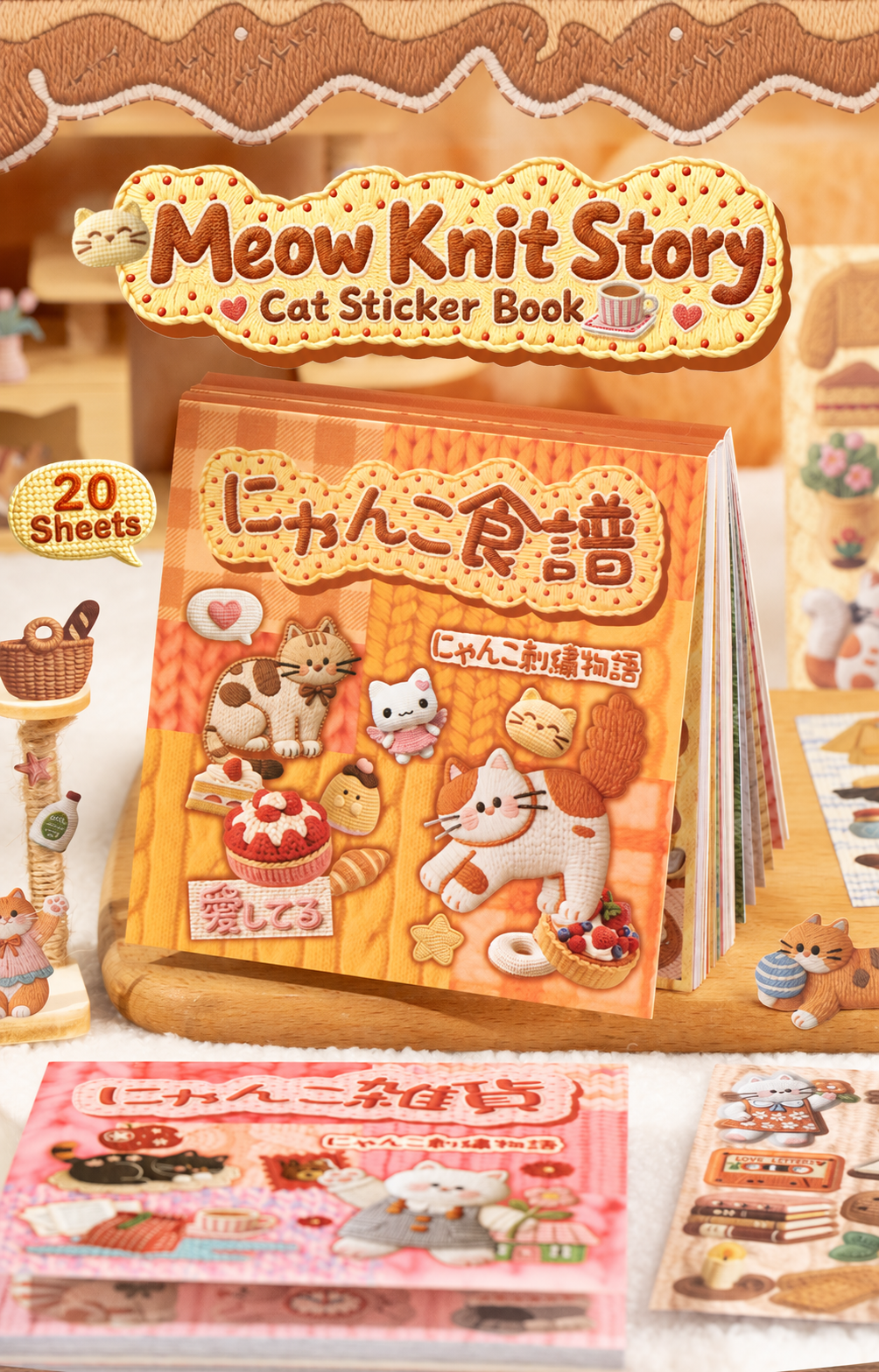 Kitty Food Diary (Orange) Meow Knit Story cat sticker book with 20 sheets and cozy food-themed designs.