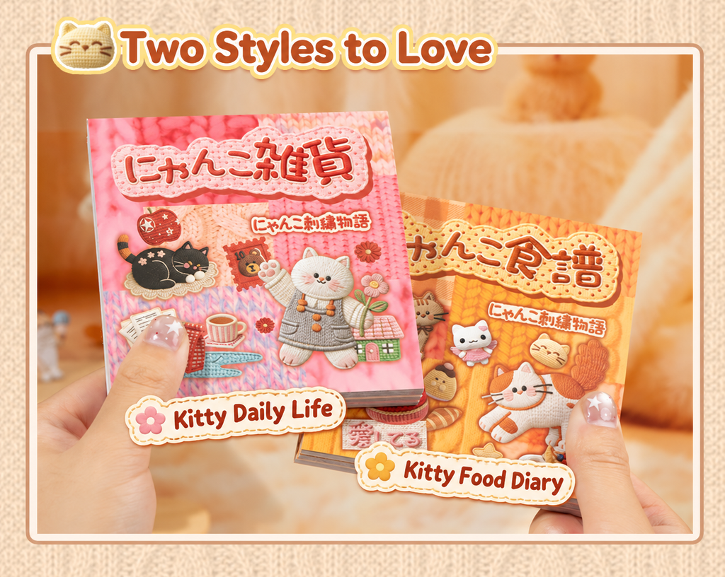 Meow Knit Story sticker books: Kitty Daily Life (Pink) on the left and Kitty Food Diary (Orange) on the right.