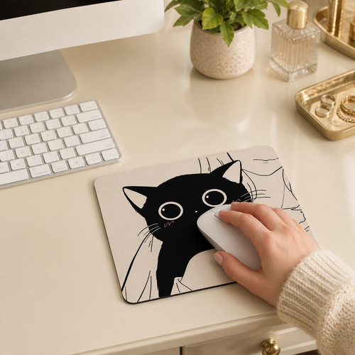 Cute Black Cat Line-Art Mouse Pad | Natural Rubber, 4 Designs