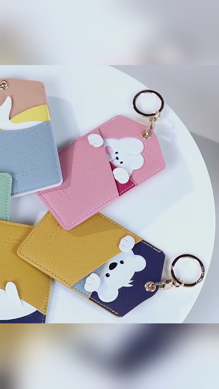 FluffyHunt PU Leather Peek-a-Boo Animal ID Card Holder Keychain