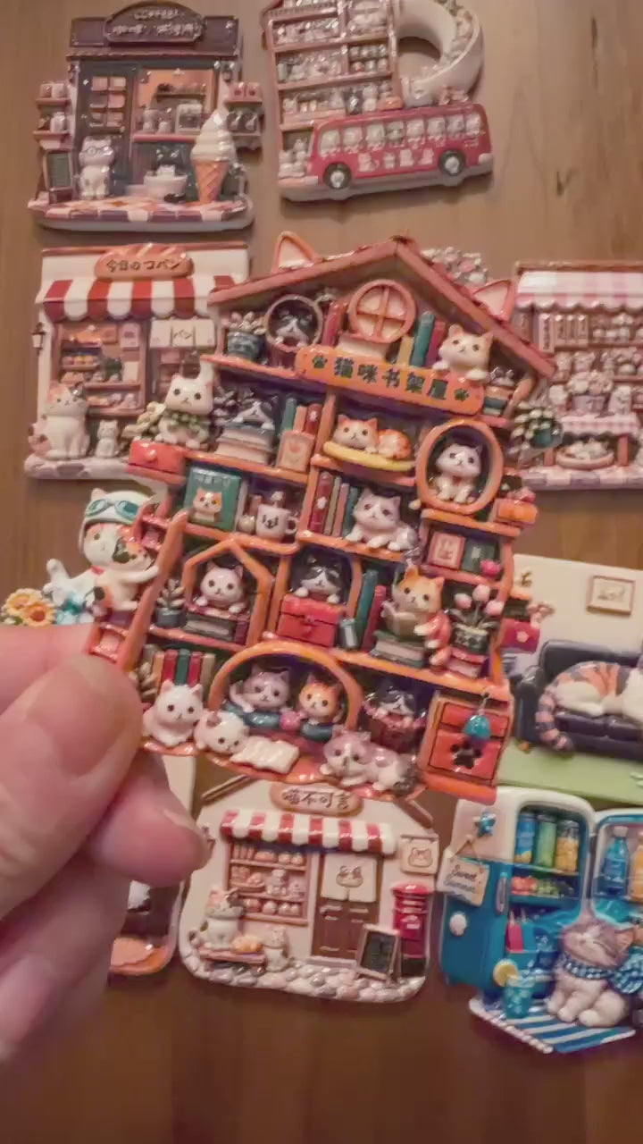 Cat Bookshelf House 3D Resin Fridge Magnet