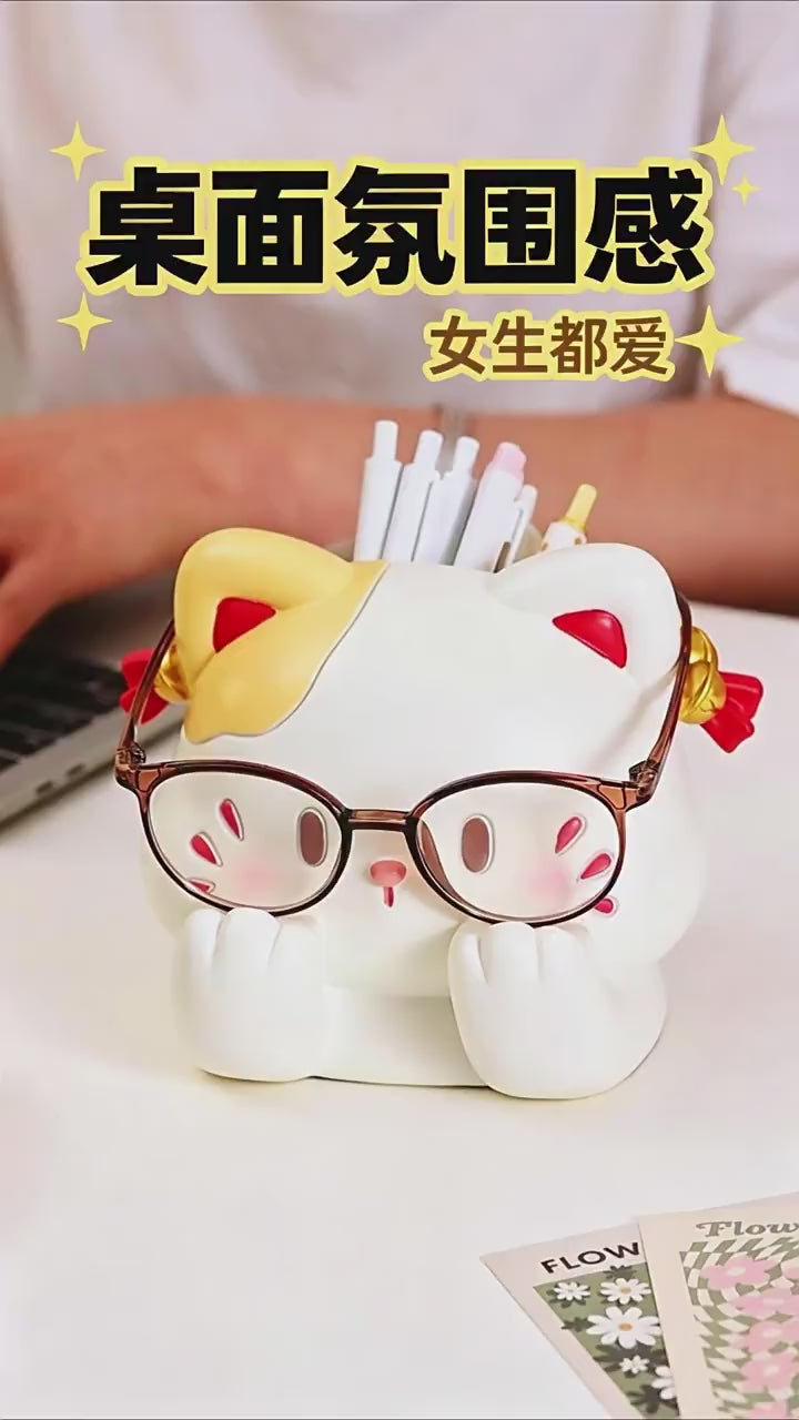 Cat Glasses Holder & Pen Cup – Cute Calico Cat Eyeglass Stand, Desk Organizer with Gift Box