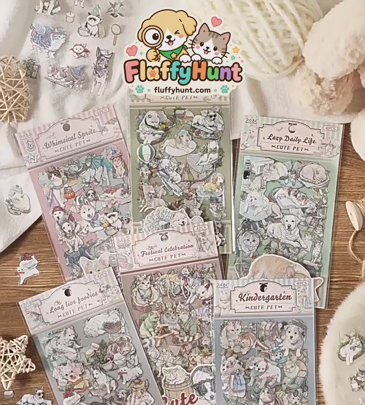 Cute Pet Series Vintage Illustrated Sticker Sheets | 6 Styles, PET