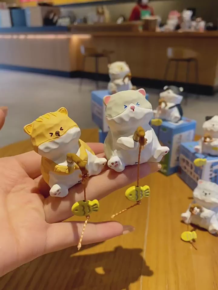 Fishing Cat Figurines – Hand-Carved Style Resin Kitty with Dangling Fish, 6 Styles (Single or Full Set)