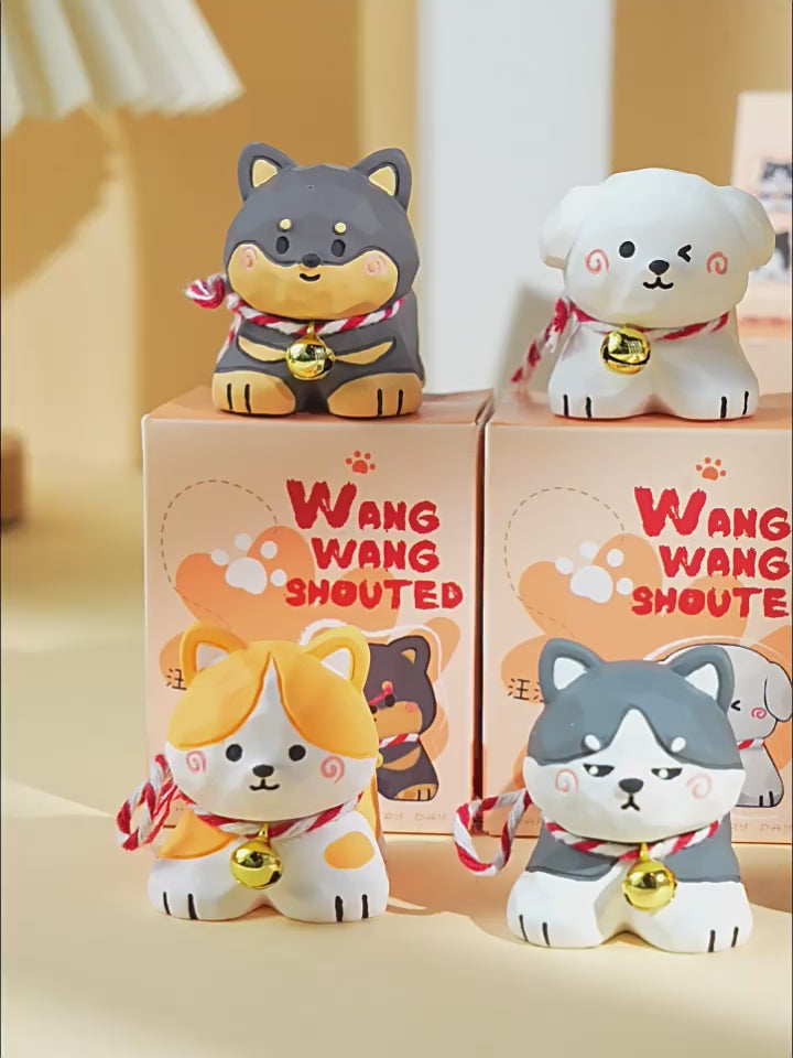 Hand-Carved Style Dog Figurines – Wood-Look Resin Puppy Desk Decor with Bell, 6 Breeds (Single or Full Set)
