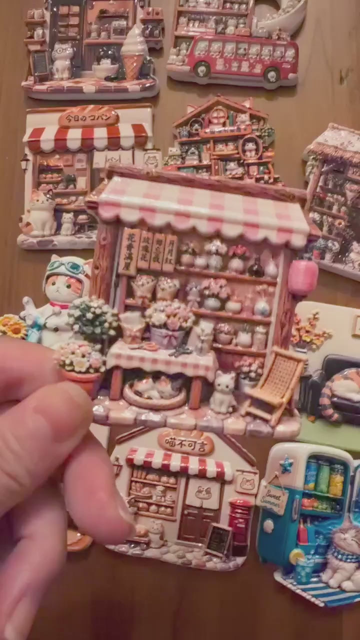 Pink Gingham Flower Shop Cats 3D Resin Fridge Magnet