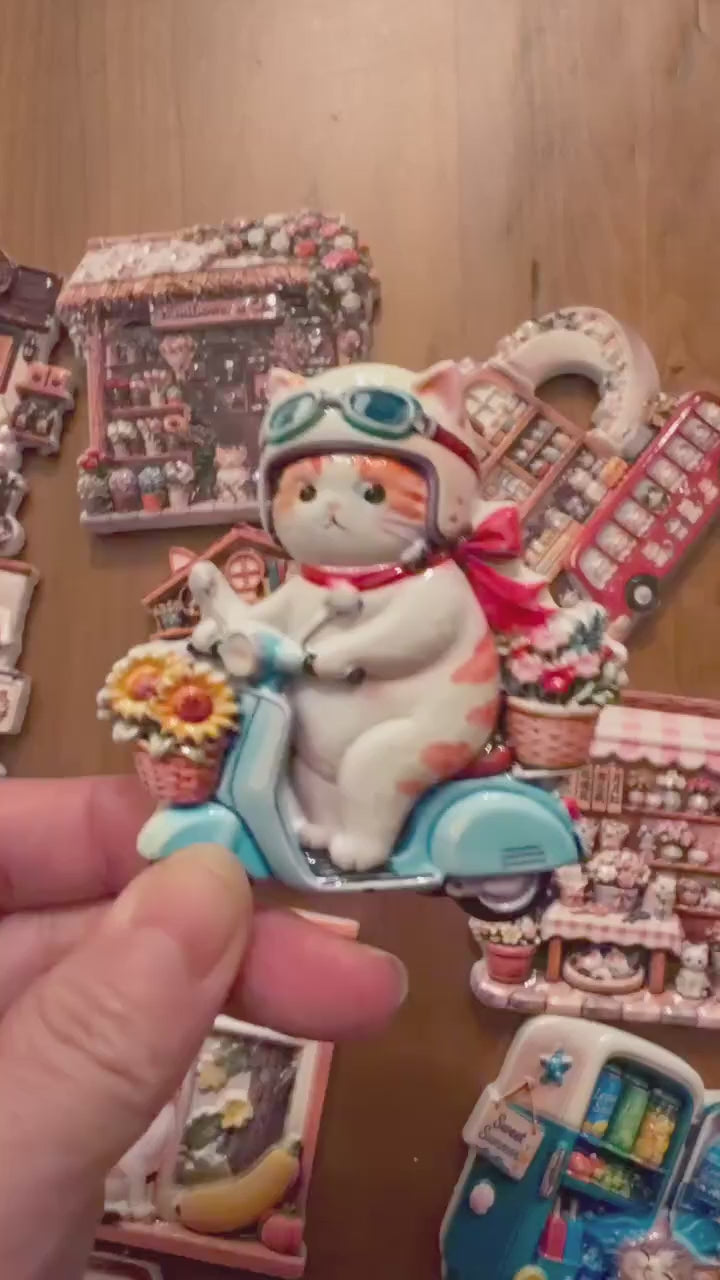 Flower Scooter Cat 3D Resin Fridge Magnet