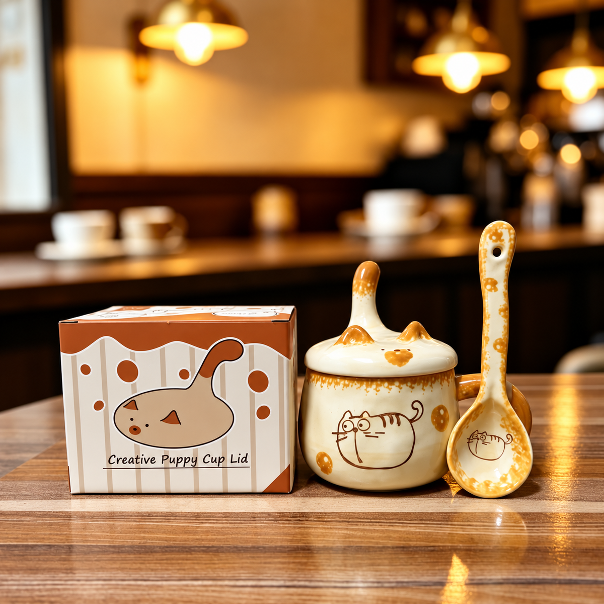 Round Cat ceramic mug with cat-tail lid, matching ceramic spoon and printed gift box.