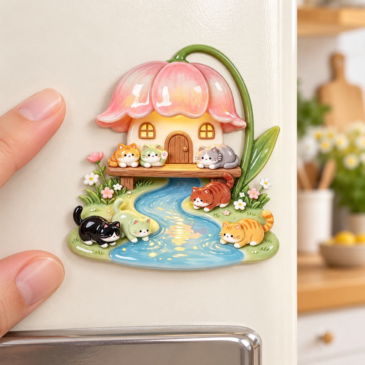 Blossom Cottage Cats – Resin Fridge Magnet