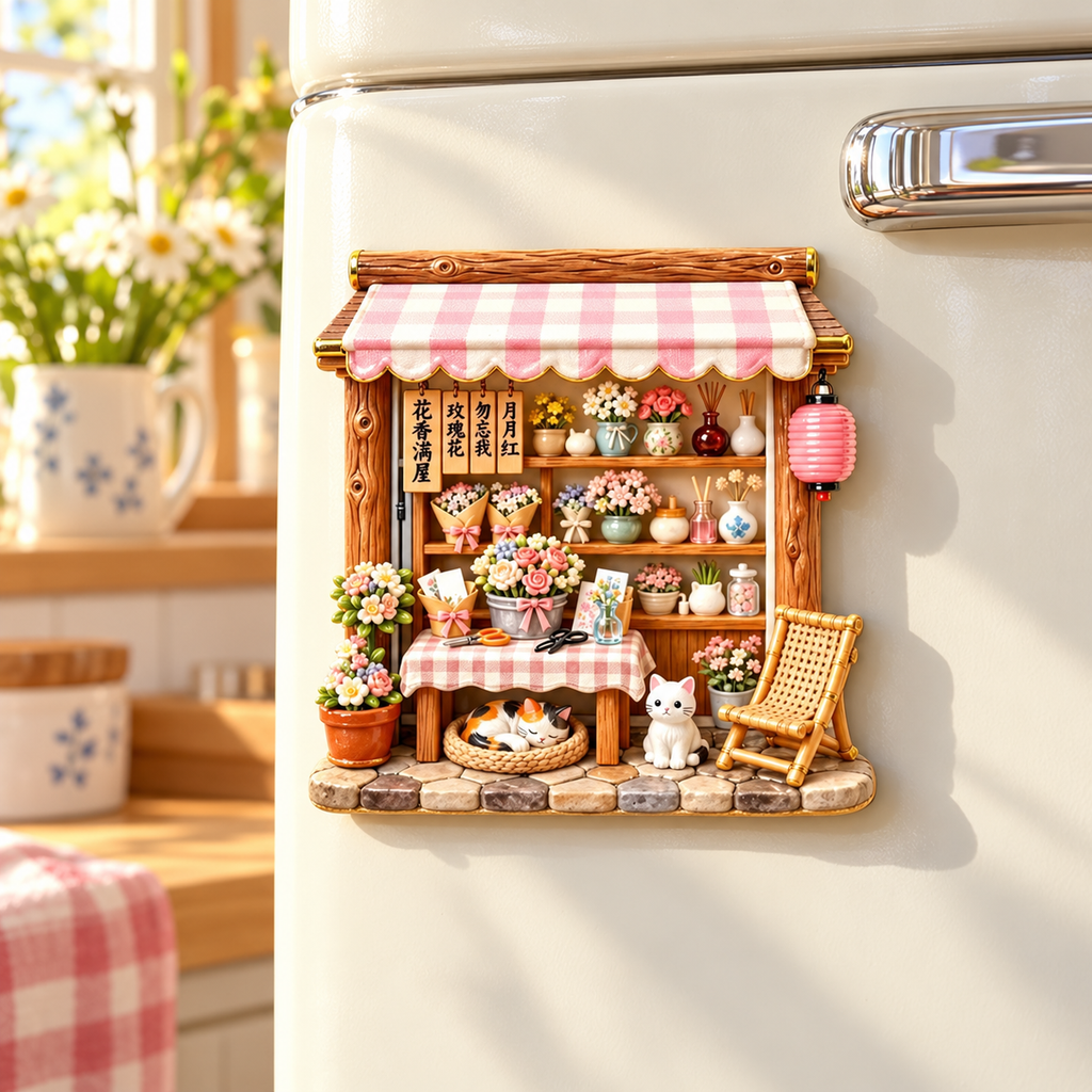 Pink Gingham Flower Shop Cats 3D Resin Fridge Magnet