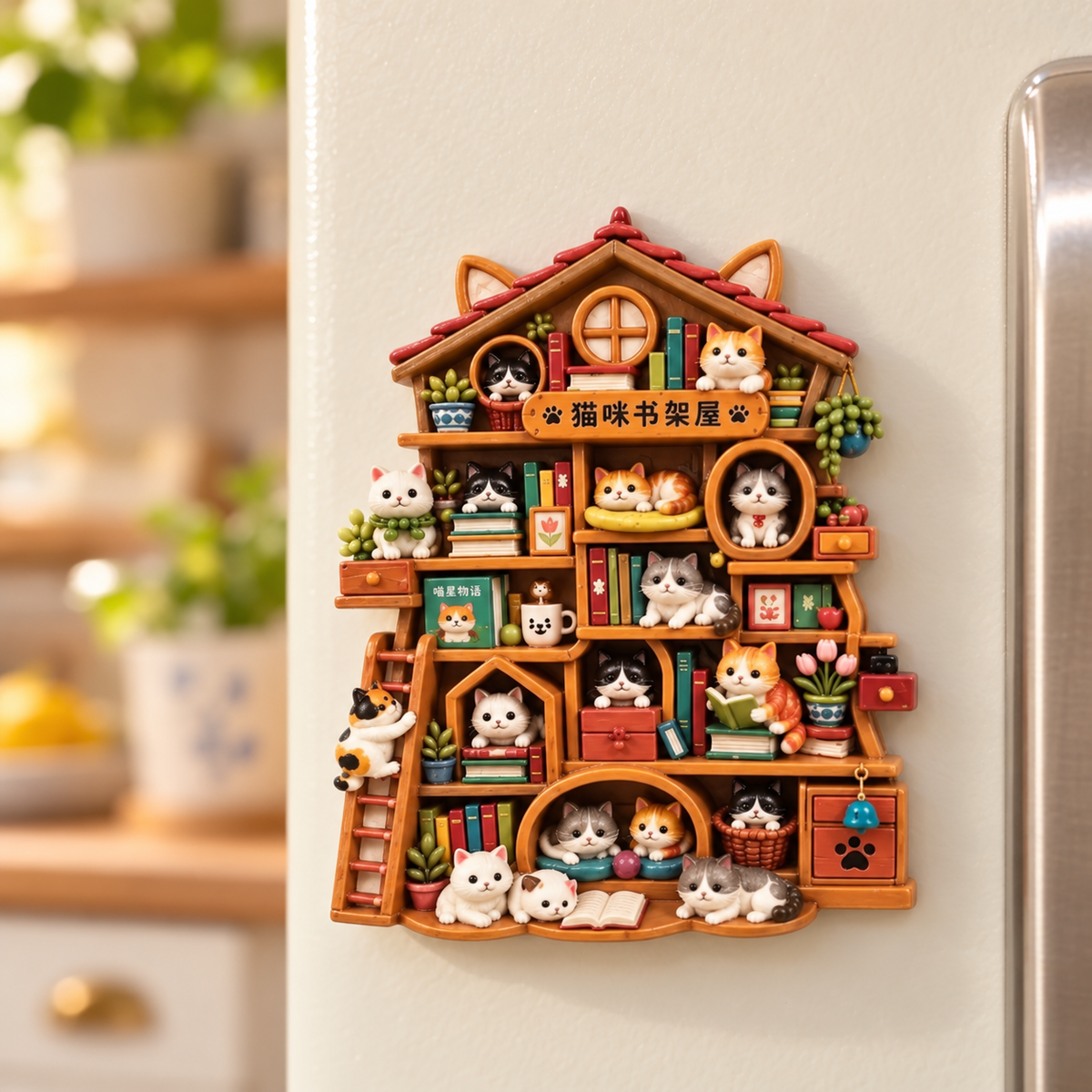 Cat Bookshelf House 3D Resin Fridge Magnet
