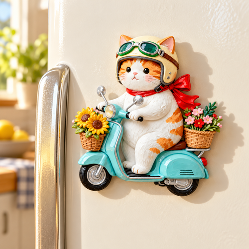 Flower Scooter Cat 3D Resin Fridge Magnet
