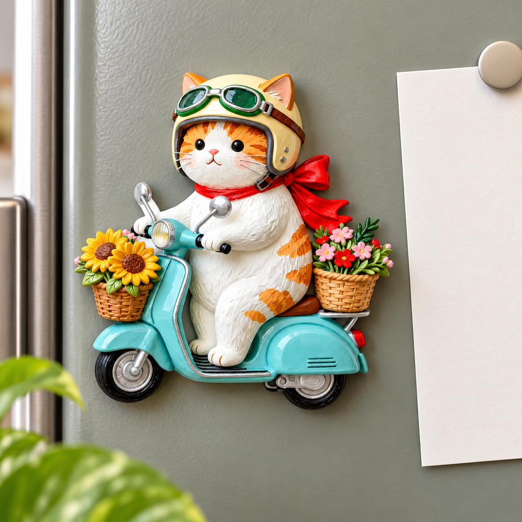 Flower Scooter Cat 3D Resin Fridge Magnet