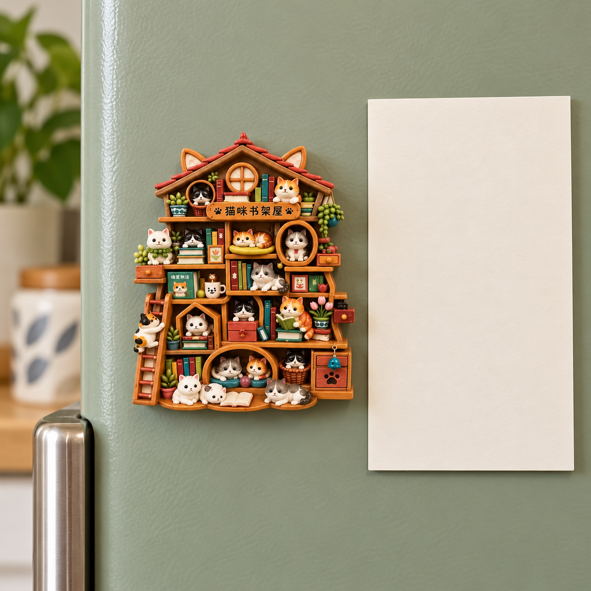 Cat Bookshelf House 3D Resin Fridge Magnet