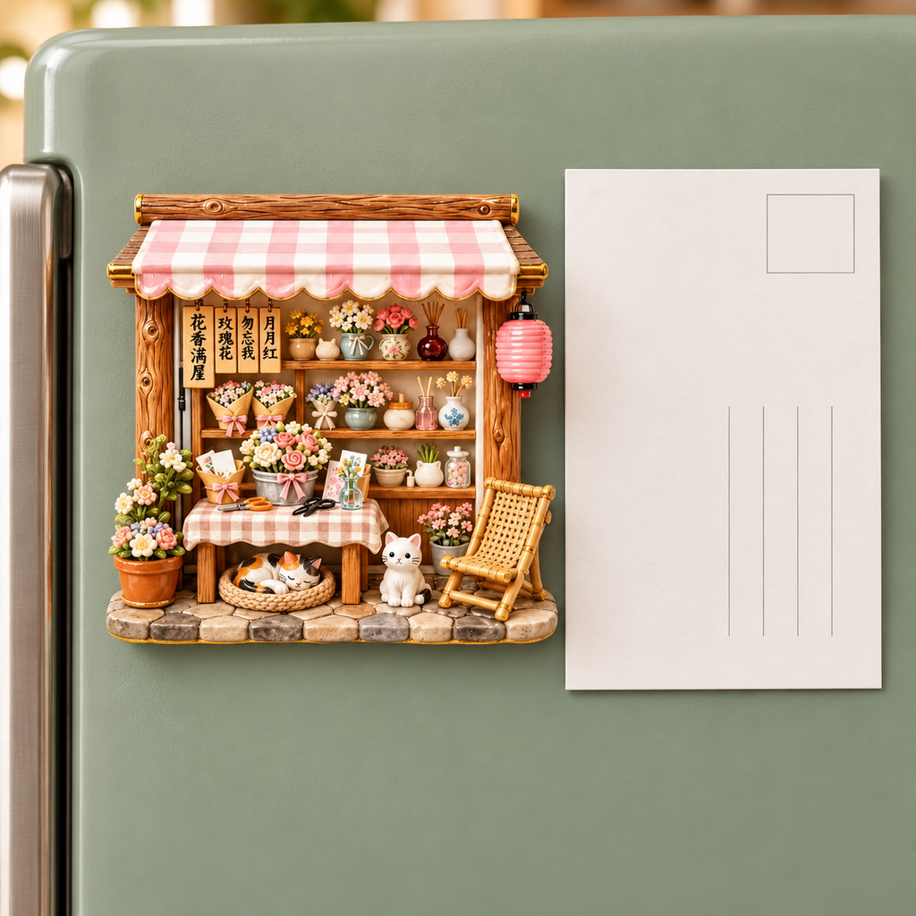 Pink Gingham Flower Shop Cats 3D Resin Fridge Magnet