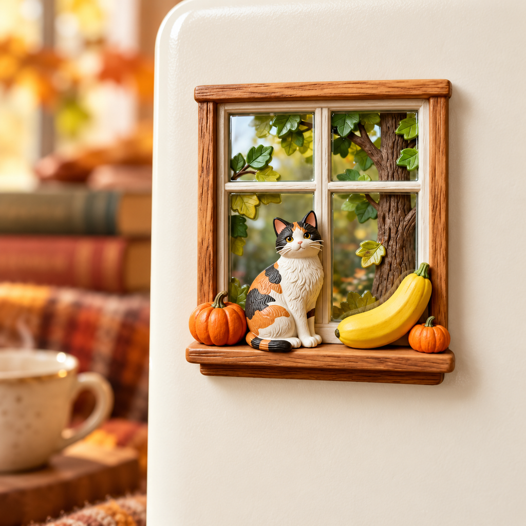 Window Calico Cat 3D Resin Fridge Magnet