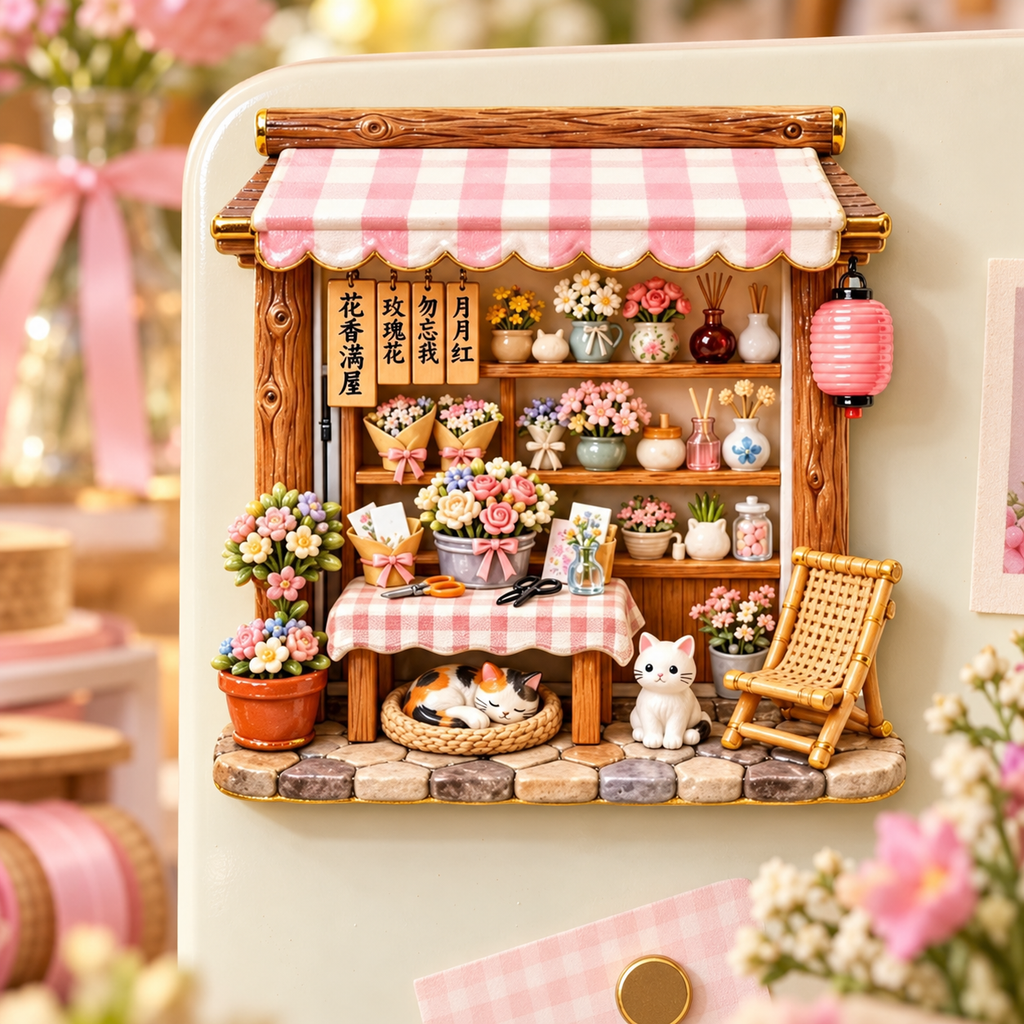 Pink Gingham Flower Shop Cats 3D Resin Fridge Magnet