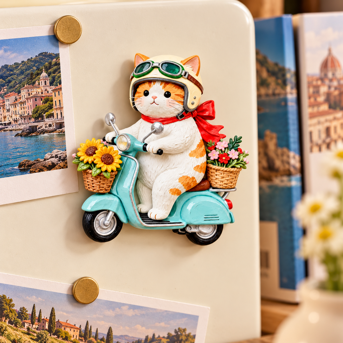 Flower Scooter Cat 3D Resin Fridge Magnet