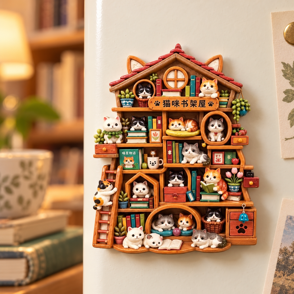 Cat Bookshelf House 3D Resin Fridge Magnet