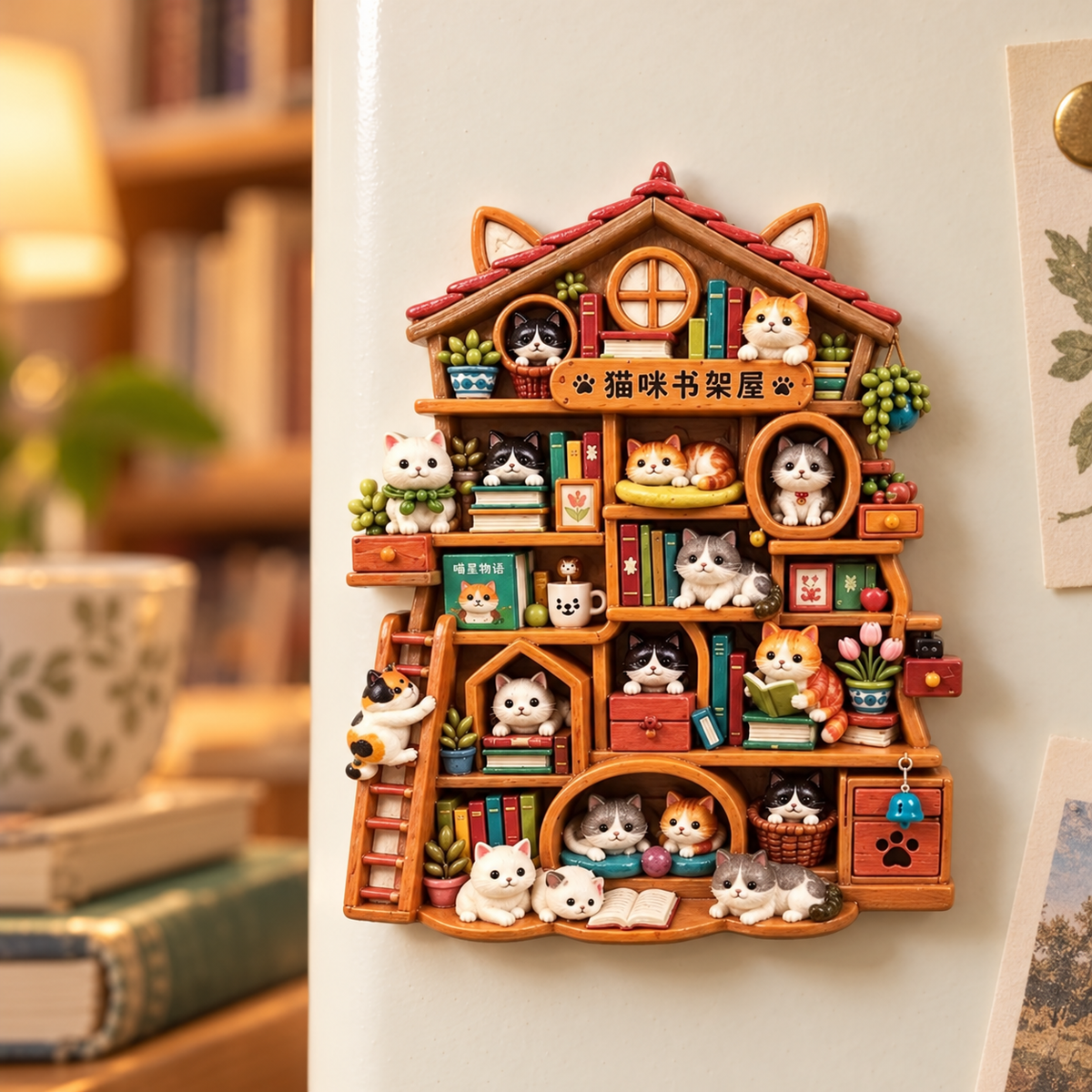 Cat Bookshelf House 3D Resin Fridge Magnet