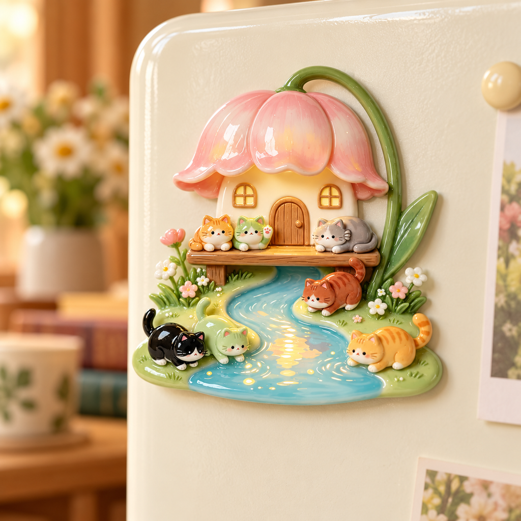 Blossom Cottage Cats – Resin Fridge Magnet