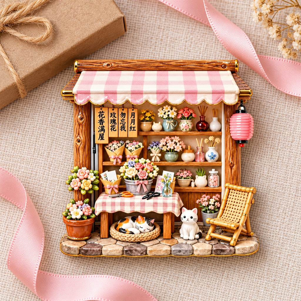 Pink Gingham Flower Shop Cats 3D Resin Fridge Magnet