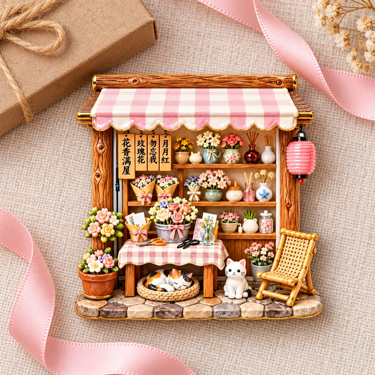 Pink Gingham Flower Shop Cats 3D Resin Fridge Magnet
