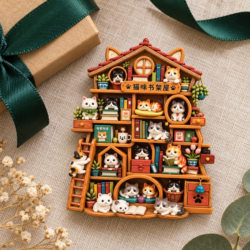 Cat Bookshelf House 3D Resin Fridge Magnet
