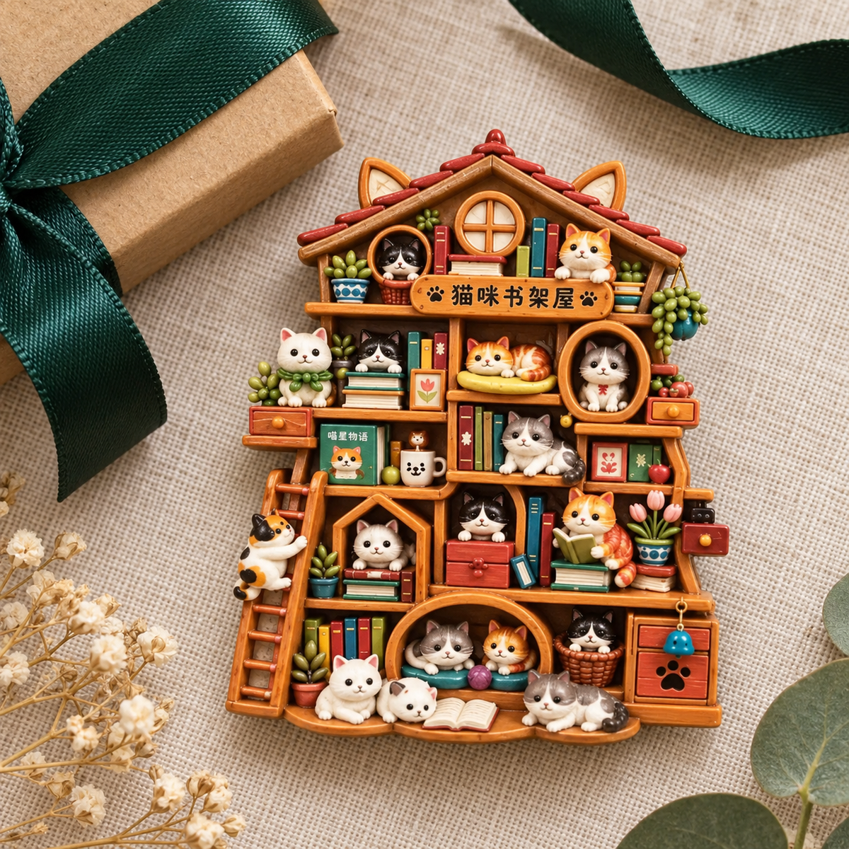 Cat Bookshelf House 3D Resin Fridge Magnet