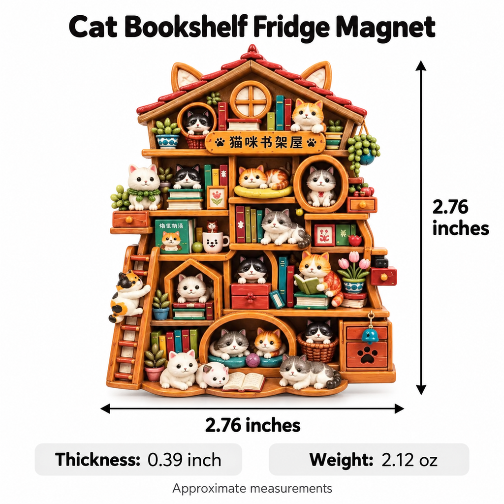 Cat Bookshelf House 3D Resin Fridge Magnet