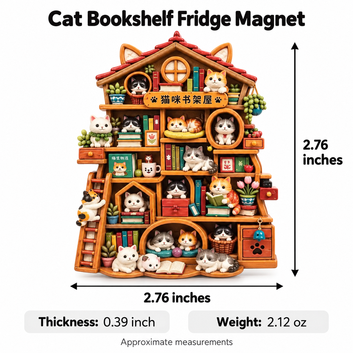 Cat Bookshelf House 3D Resin Fridge Magnet