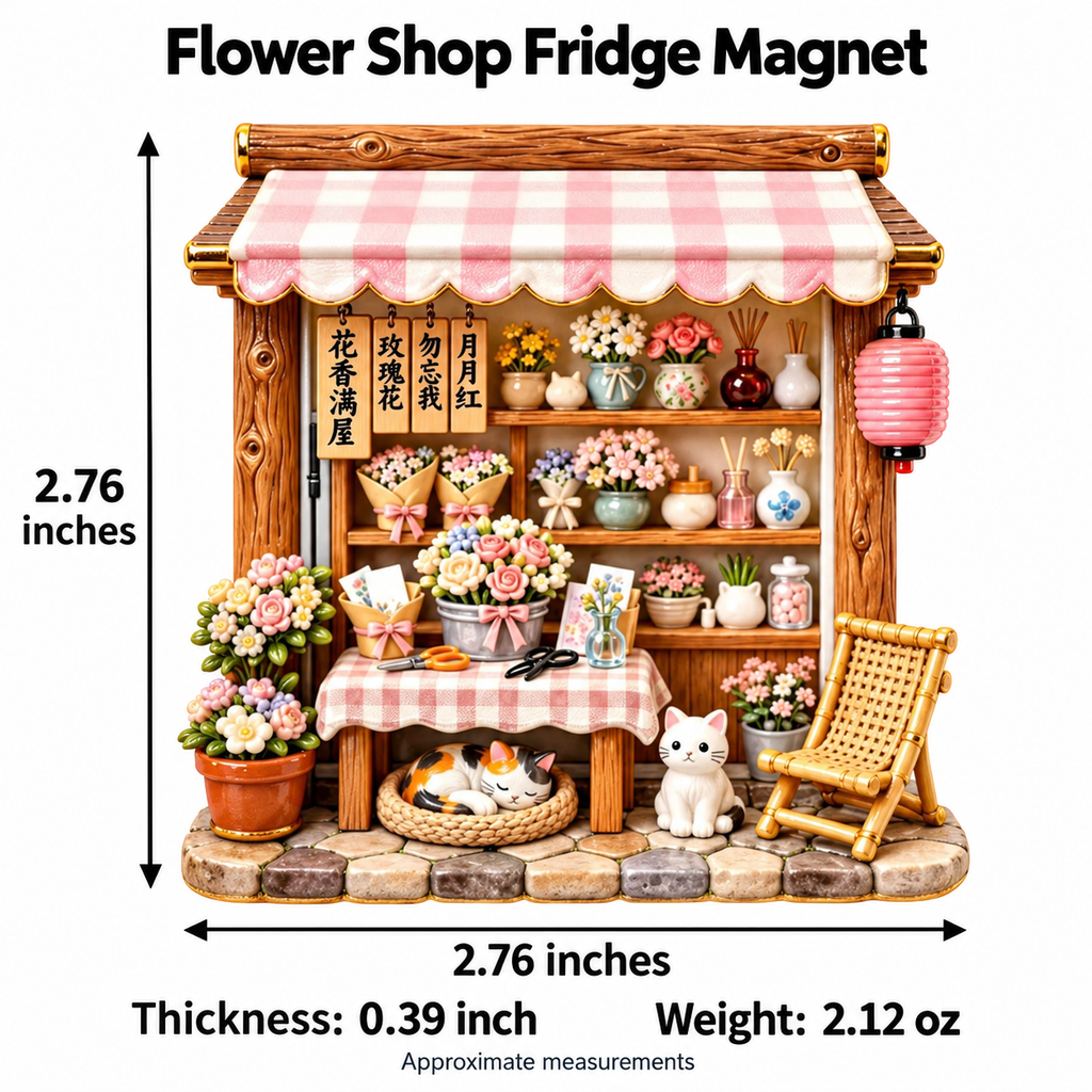 Pink Gingham Flower Shop Cats 3D Resin Fridge Magnet