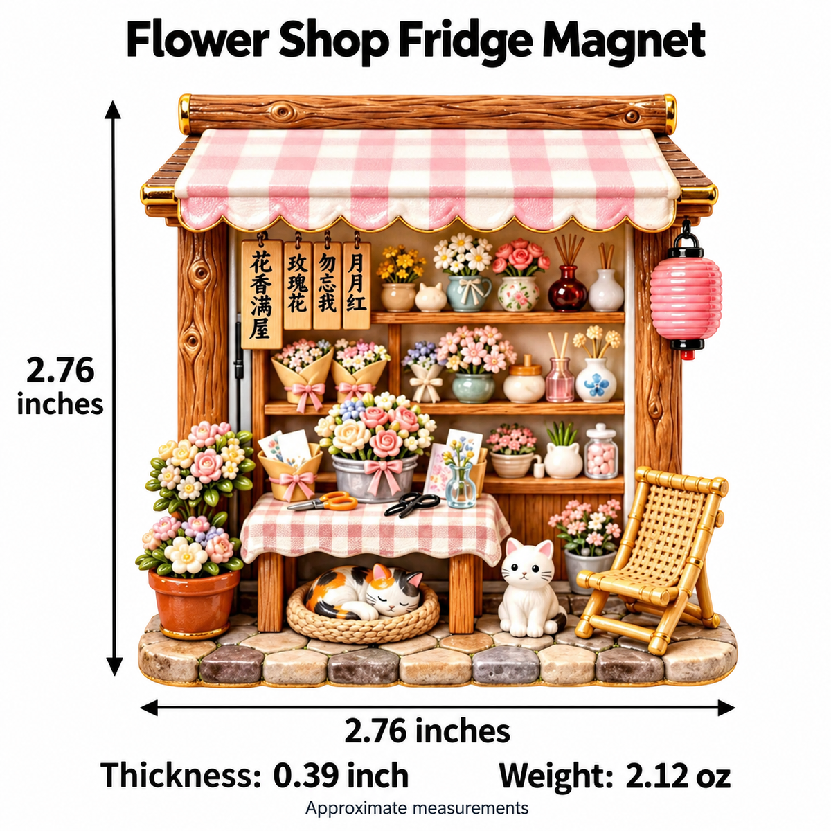 Pink Gingham Flower Shop Cats 3D Resin Fridge Magnet