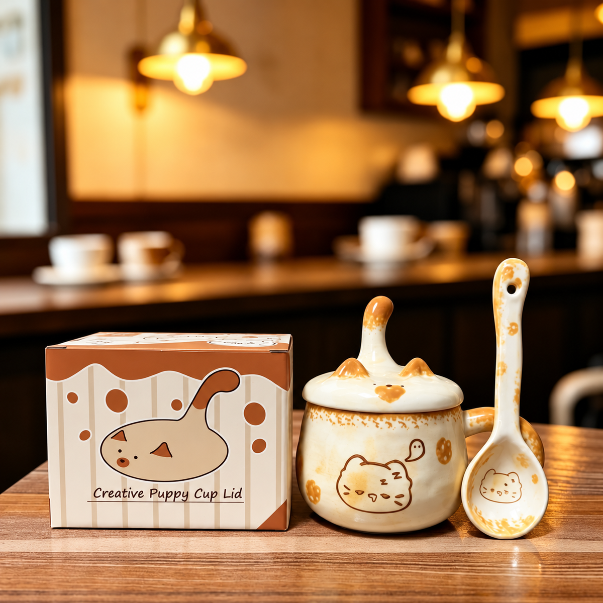 Sleepy Cat ceramic mug with cat-tail lid, matching ceramic spoon and printed gift box.