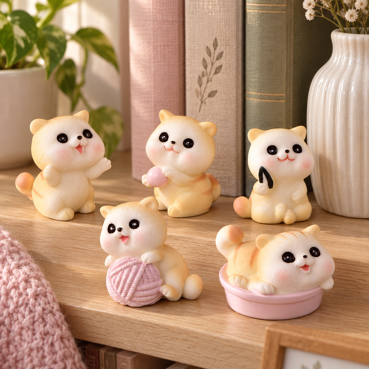 Cozy Kitten Crew – 5-Piece Mini Cat Figurine Set